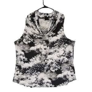 Lane‎ Bryant Top Blouse 26 28 Black White Clouds 54x30 Cowl Stretch Sleeveless